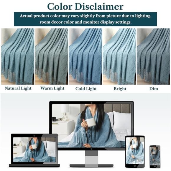 Dusty Blue Knit Throw Blanket for Couch, Twin Bed, Soft Knitted - Picture 7 of 8